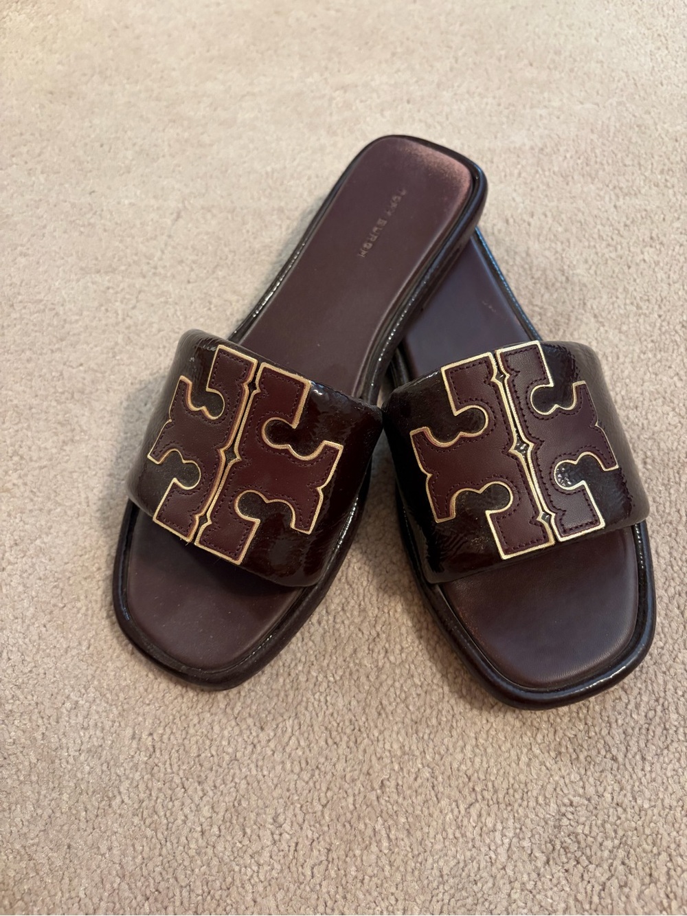 Tory Burch Double T Sport Dark Brown Leather Logo Slide Sandals